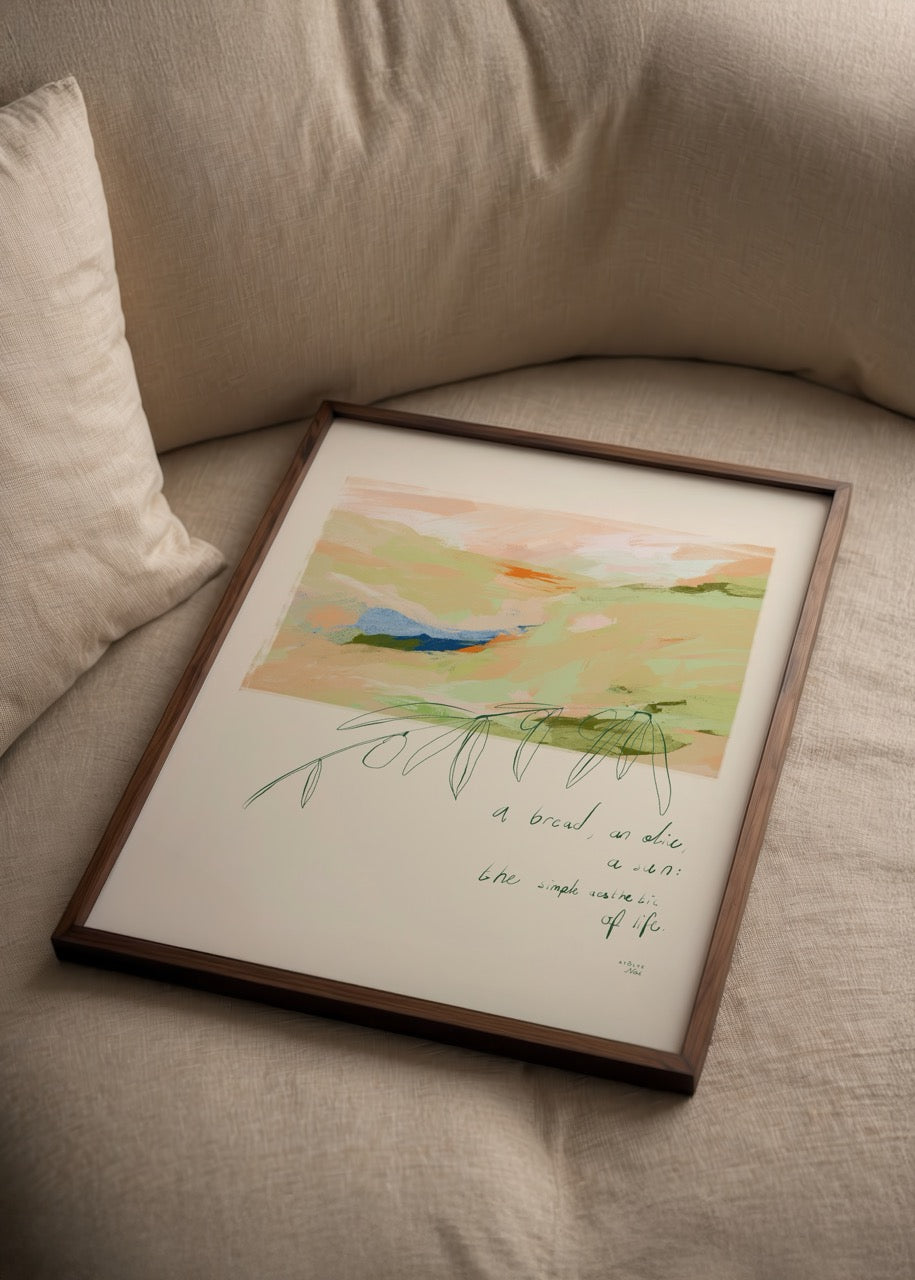 A serene poster print featuring abstract design elements and text.