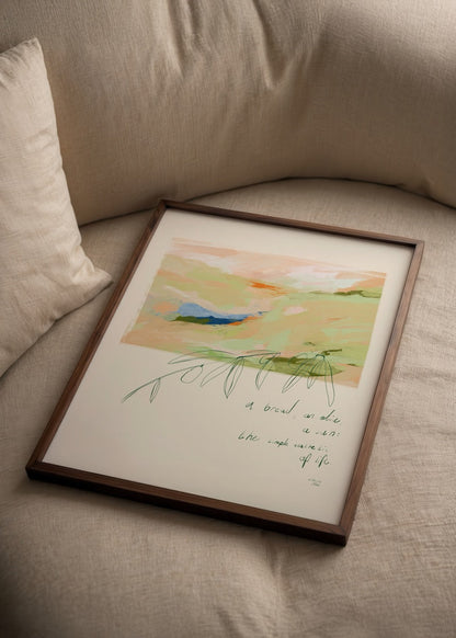 A serene poster print featuring abstract design elements and text.