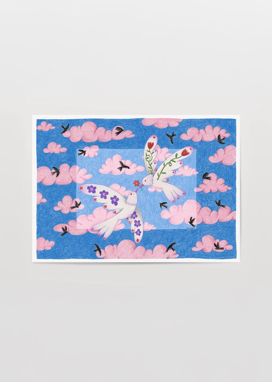 A vibrant illustrated poster print featuring birds and clouds in soft pink and blue tones.