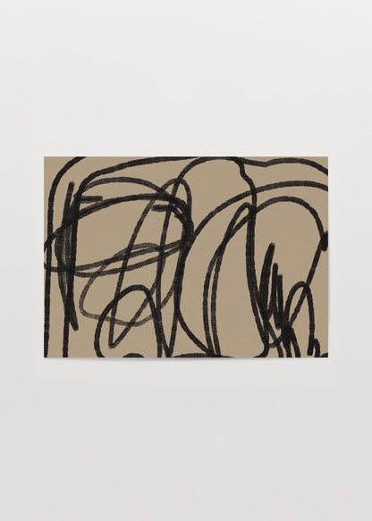 Abstract wall art featuring bold black lines on a beige background.