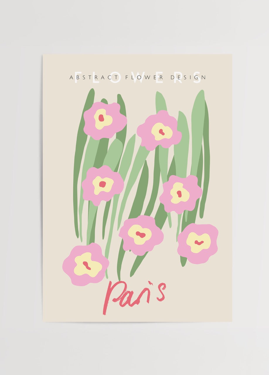 Abstract floral poster featuring pastel flowers and green leaves against a cream background.