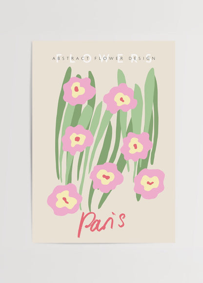 Abstract floral poster featuring pastel flowers and green leaves against a cream background.