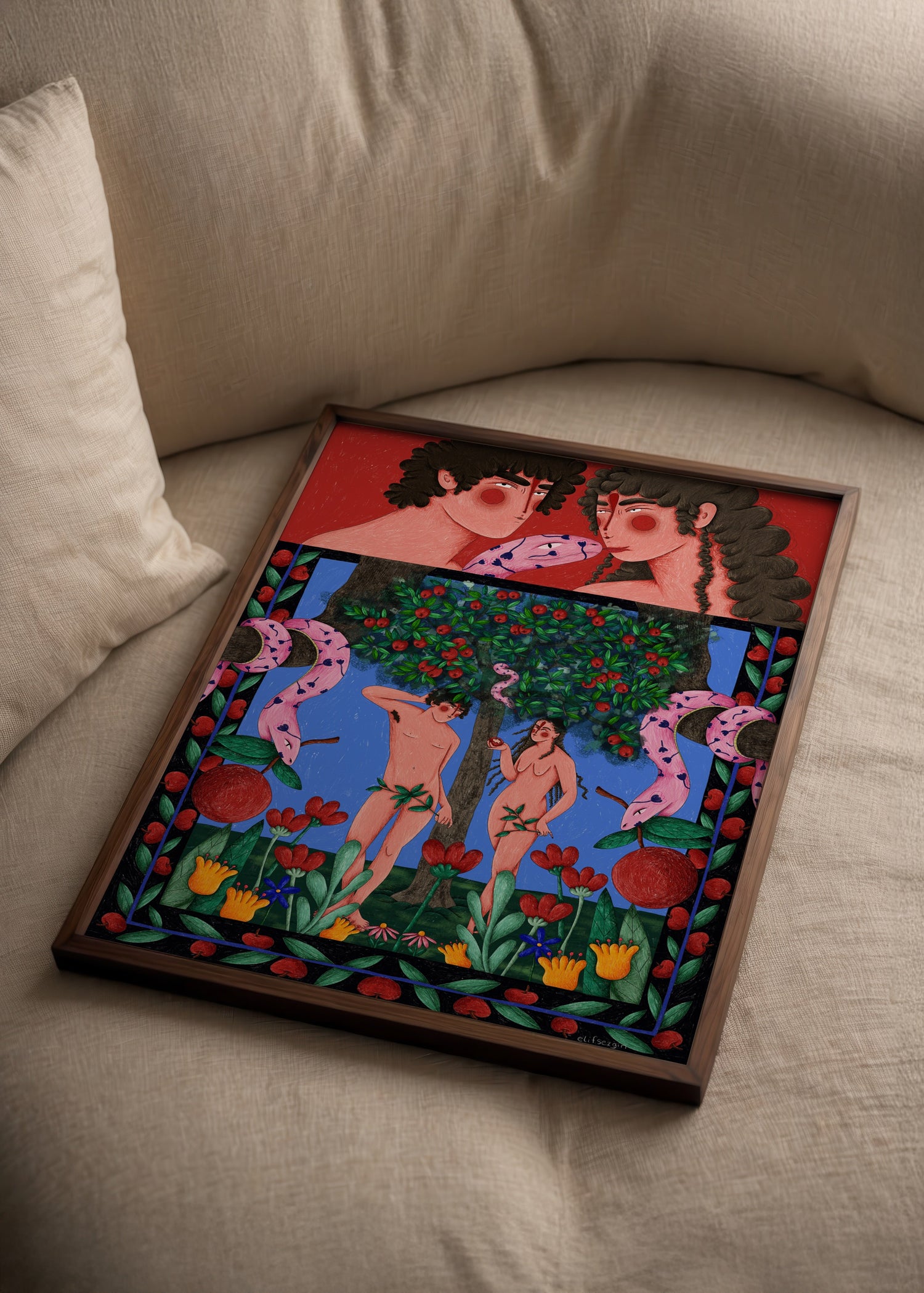 Vibrant Adam and Eve artwork featuring bold colours and mythical themes.