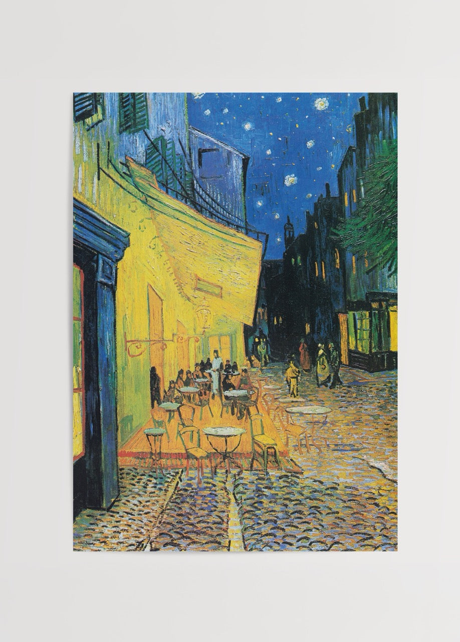 Luminous café scene under a starry night sky.
