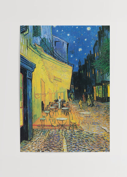 Luminous café scene under a starry night sky.