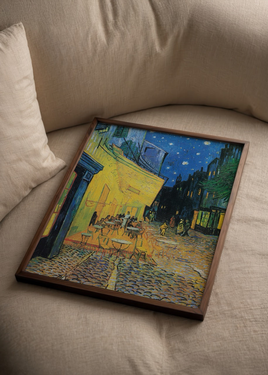 Luminous café scene under a starry night sky.