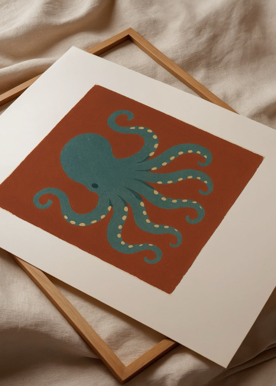 Stylised octopus illustration on terracotta background, adding a whimsical touch to wall art.