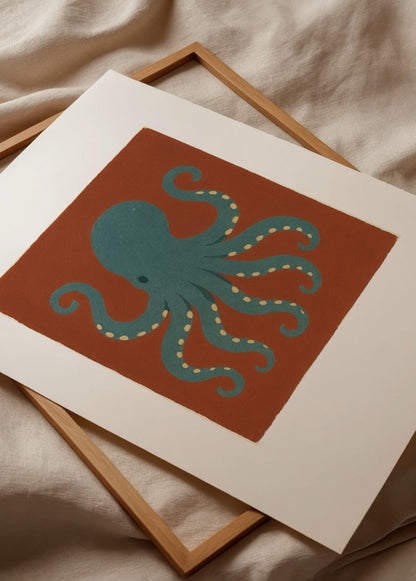 Stylised octopus illustration on terracotta background, adding a whimsical touch to wall art.