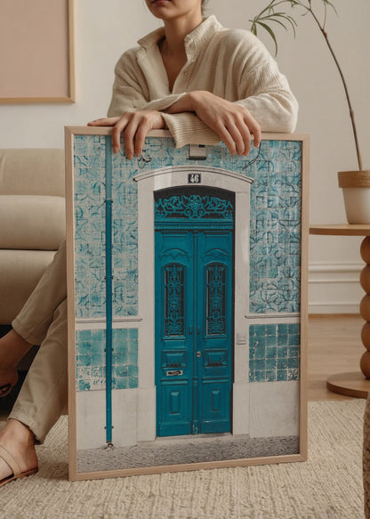 Mediterranean turquoise doorway framed by ceramic tiles