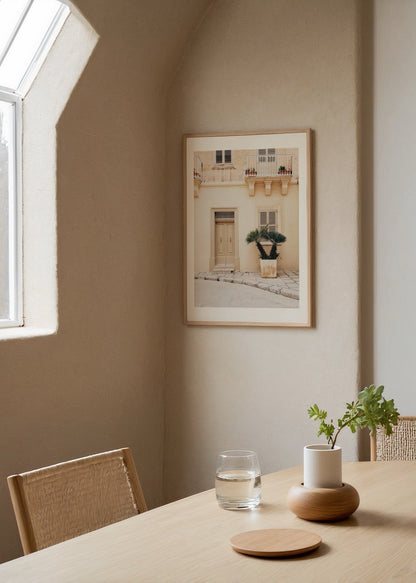 Art print of a Mediterranean doorway with palm in a pot.