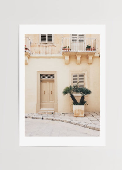Art print of a Mediterranean doorway with palm in a pot.