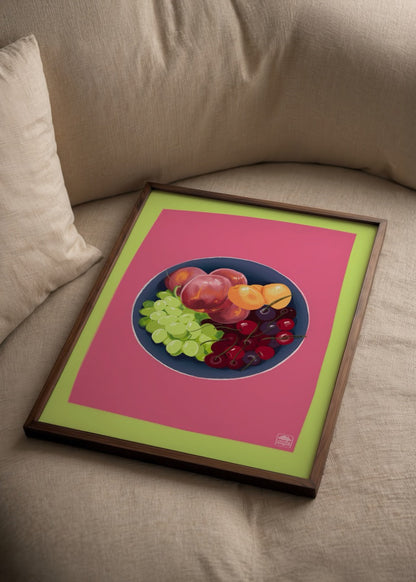 Vibrant Flaming Fruit Platter Poster featuring an array of fruits.