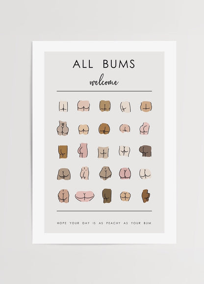 Humorous wall art featuring a variety of bum illustrations celebrating body diversity.