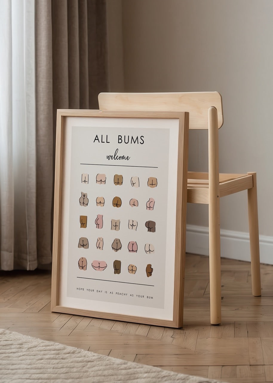 Humorous wall art featuring a variety of bum illustrations celebrating body diversity.