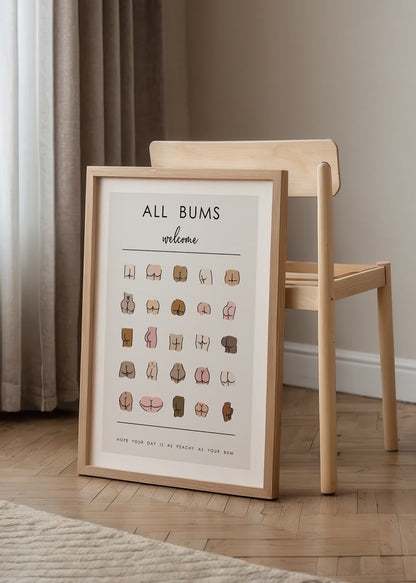Humorous wall art featuring a variety of bum illustrations celebrating body diversity.