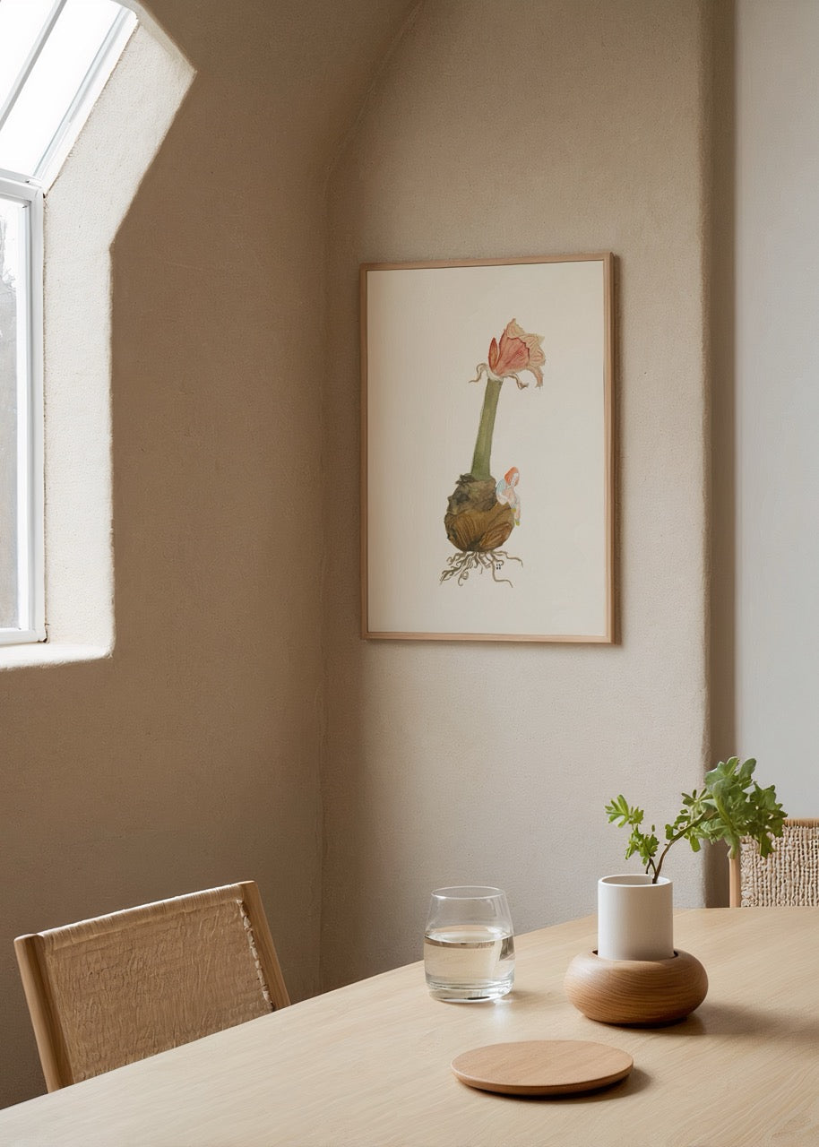 Artwork featuring a delicate flower sprouting from a bulb, symbolizing calmness.