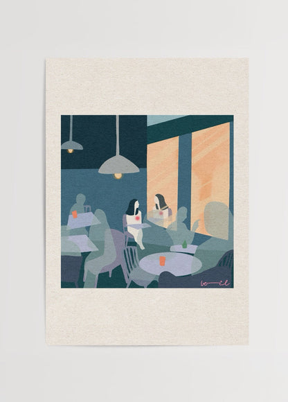 ‘Alone But Not Lonely’ Poster Print depicting serene café scene.
