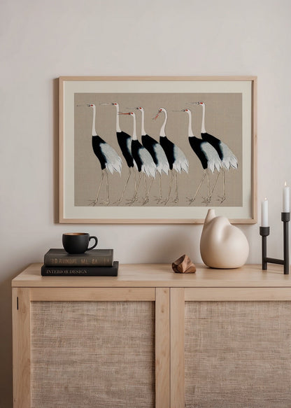 Elegant illustration of cranes on a subtle beige background