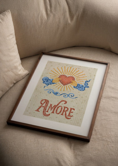 Vibrant mosaic art poster featuring a heart, sunrays, and waves, titled &