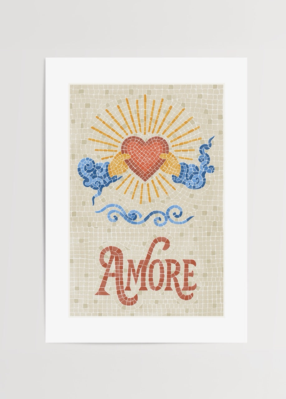 Vibrant mosaic art poster featuring a heart, sunrays, and waves, titled &
