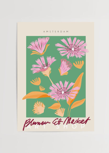 Vibrant floral illustration featuring pink flowers on a green background, perfect for wall art.
