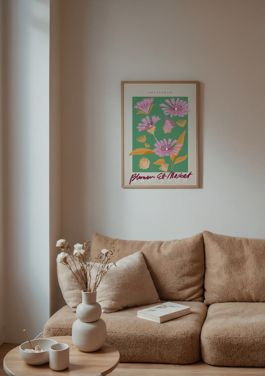 Vibrant floral illustration featuring pink flowers on a green background, perfect for wall art.