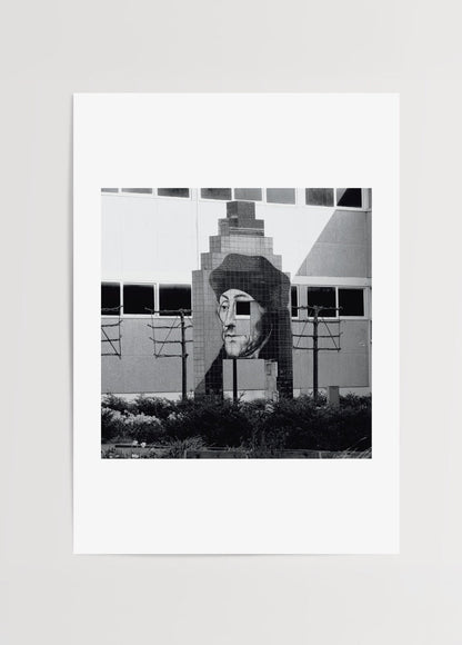 Black and white artwork of a historical figure in Amsterdam.