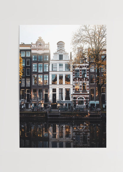 Charming Canals of Amsterdam wall art print showcasing historic buildings along the waterfront.