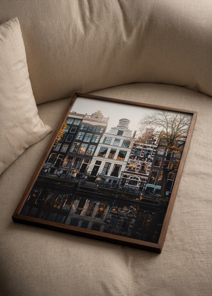 Charming Canals of Amsterdam wall art print showcasing historic buildings along the waterfront.