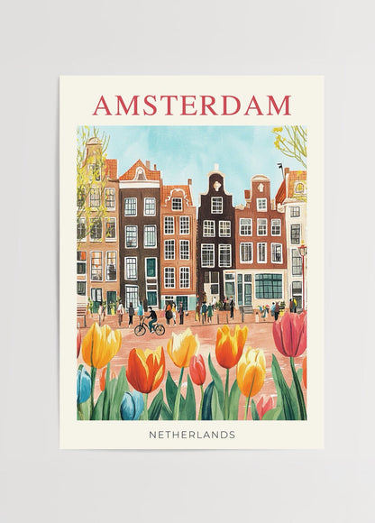 Amsterdam – Netherlands Poster Print featuring tulips and iconic architecture.