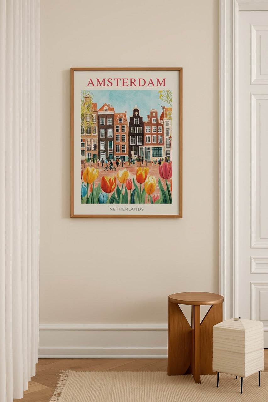 Amsterdam – Netherlands Poster Print featuring tulips and iconic architecture.