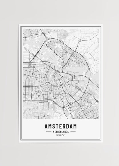 Minimalist black and white city map of Amsterdam, showcasing its unique layout.