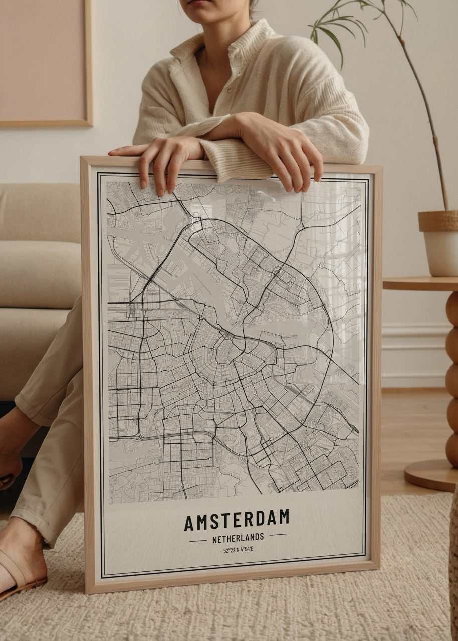 Minimalist black and white city map of Amsterdam, showcasing its unique layout.