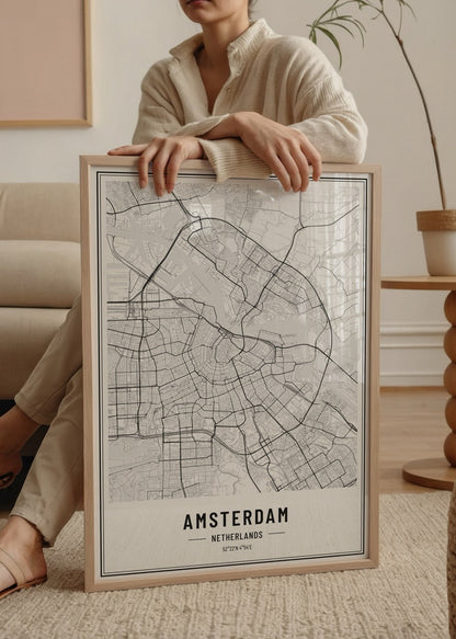 Minimalist black and white city map of Amsterdam, showcasing its unique layout.