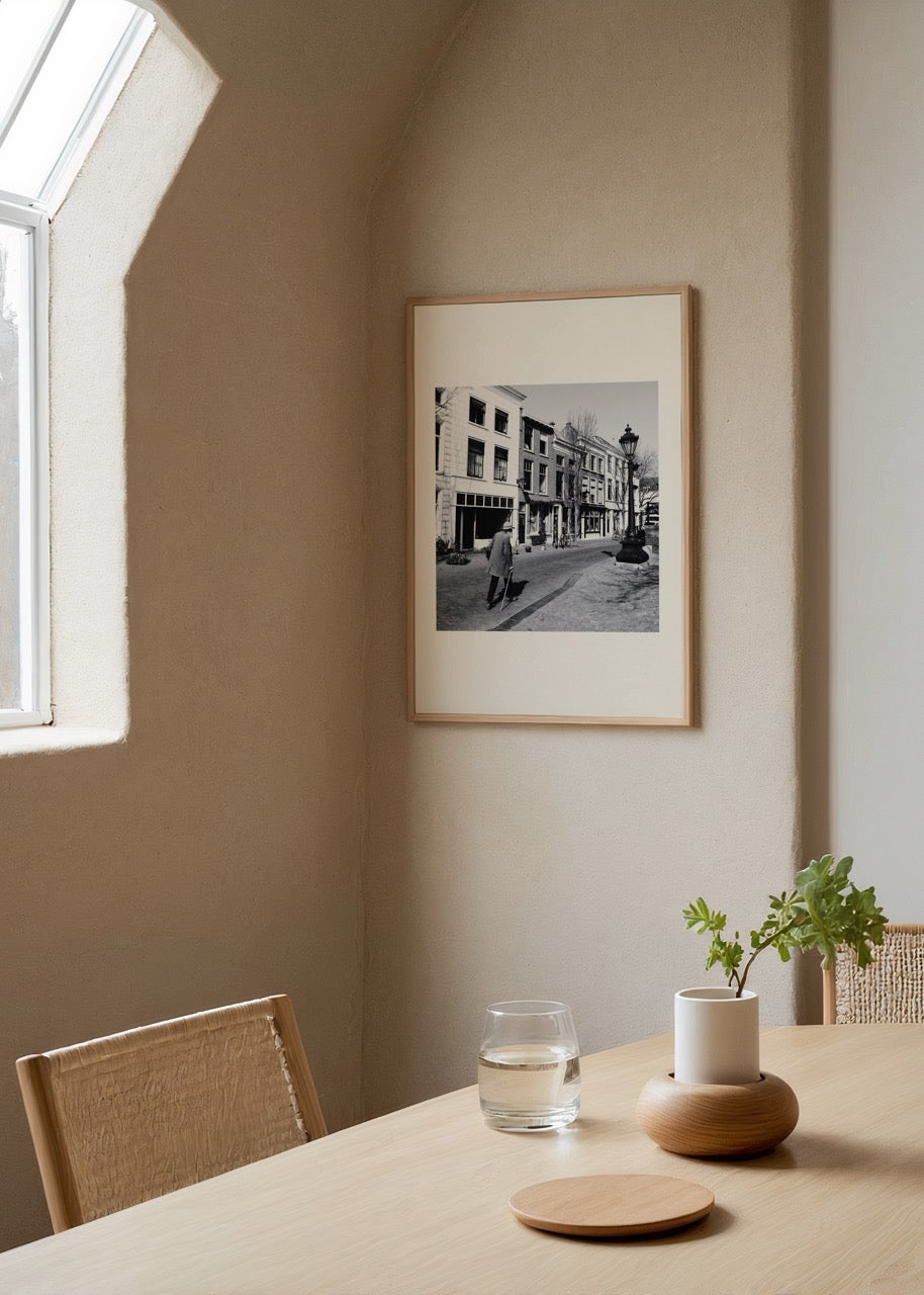 Black and white Amsterdam street scene captured in a poster print.