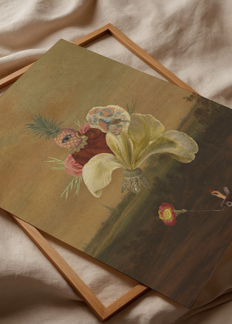Whimsical pineapple and floral arrangement in earthy tones.