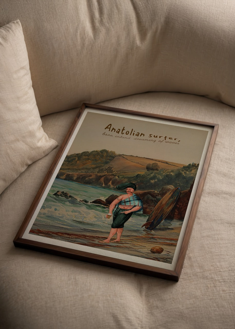 Anatolian Surfer Poster Print showcasing a whimsical beach scene.