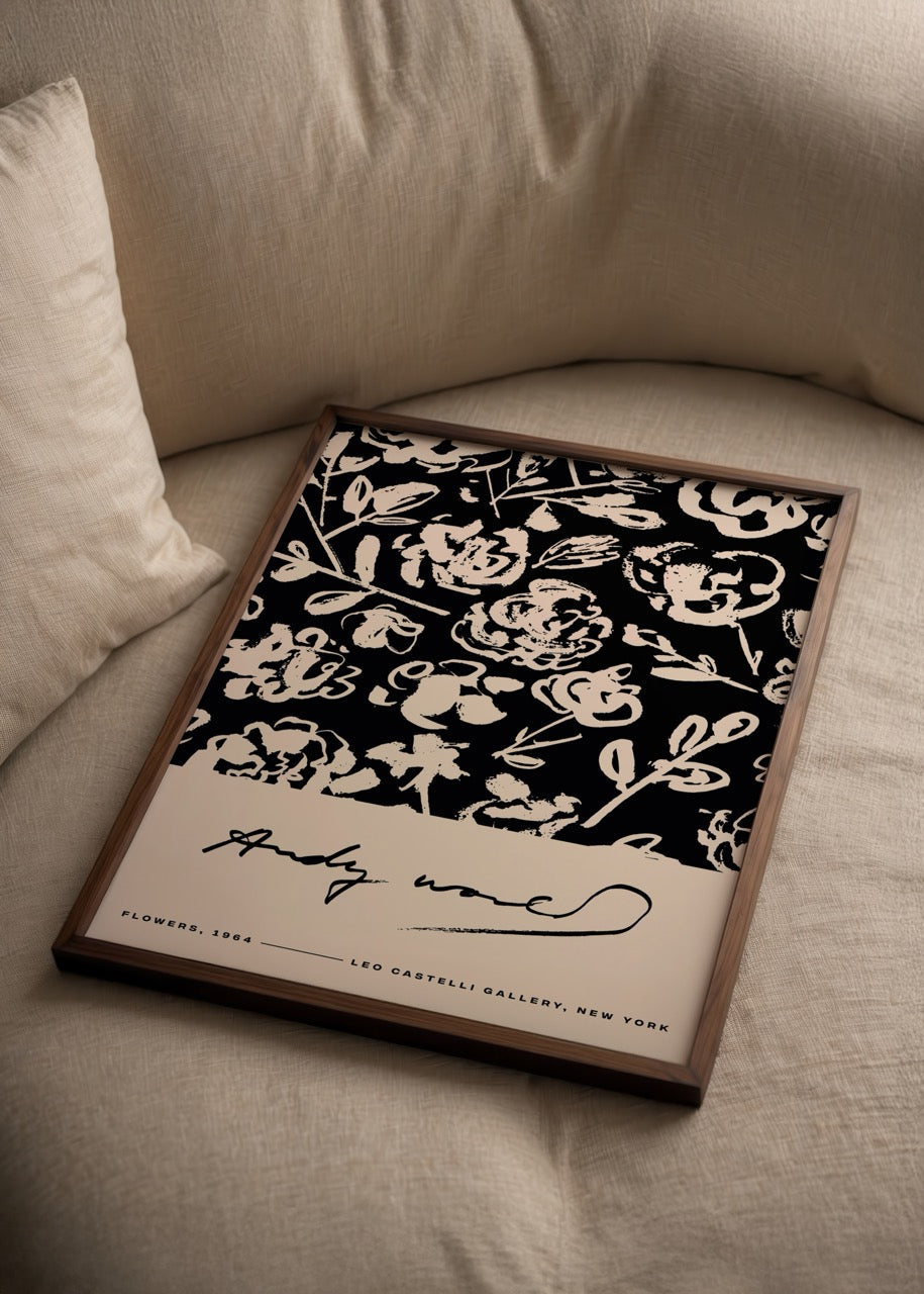 Elegant floral art print showcasing intricate blossoms on a dark background, perfect for interior styling.
