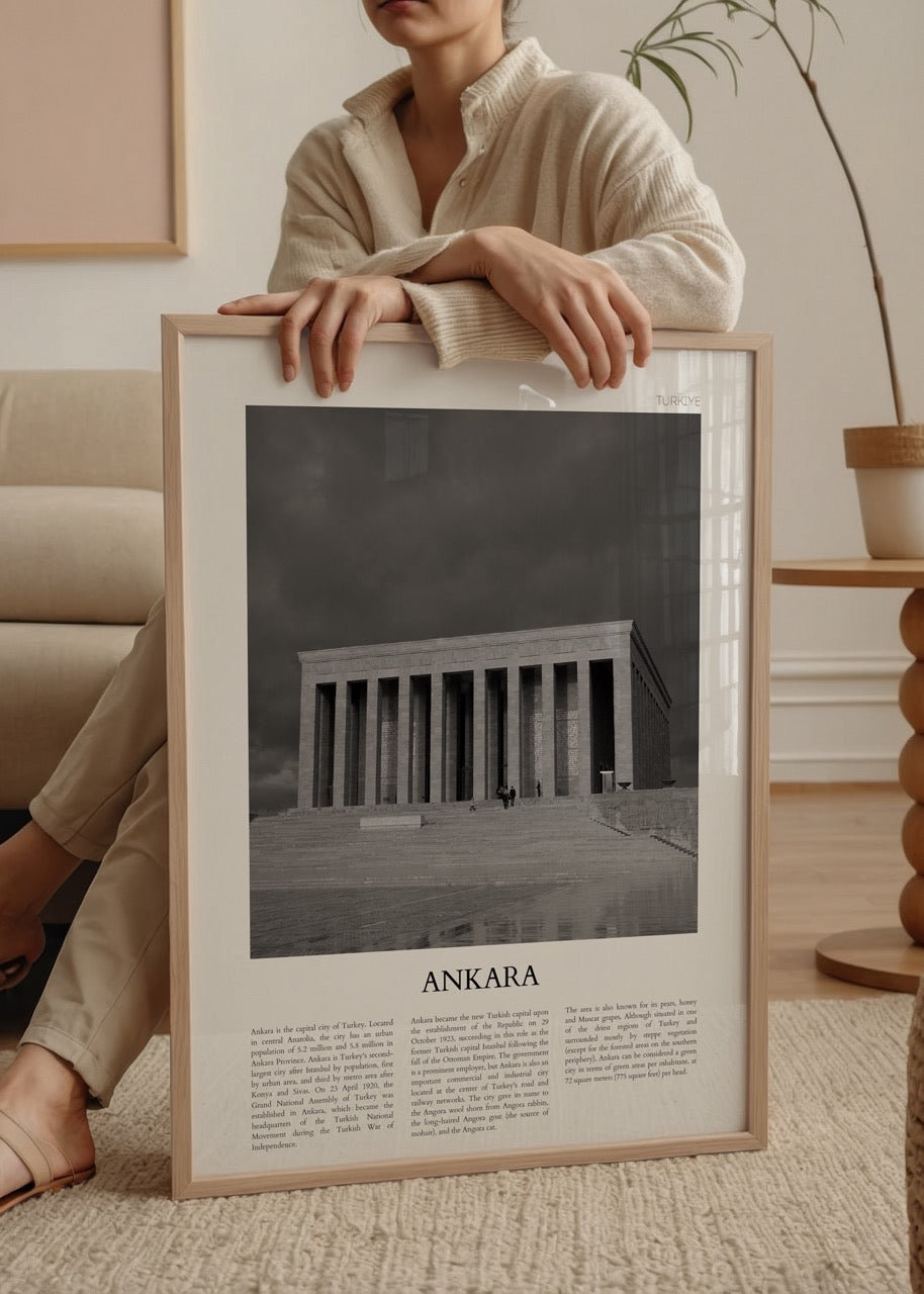 Monumental Ankara wall art featuring a historical landmark in black and white.