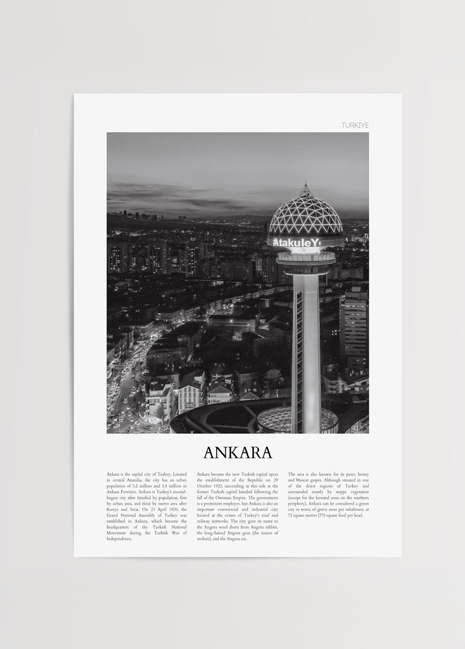 A premium poster showcasing the Ankara skyline with Atakule tower in elegant black and white.