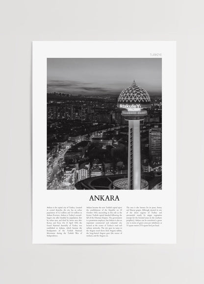 A premium poster showcasing the Ankara skyline with Atakule tower in elegant black and white.