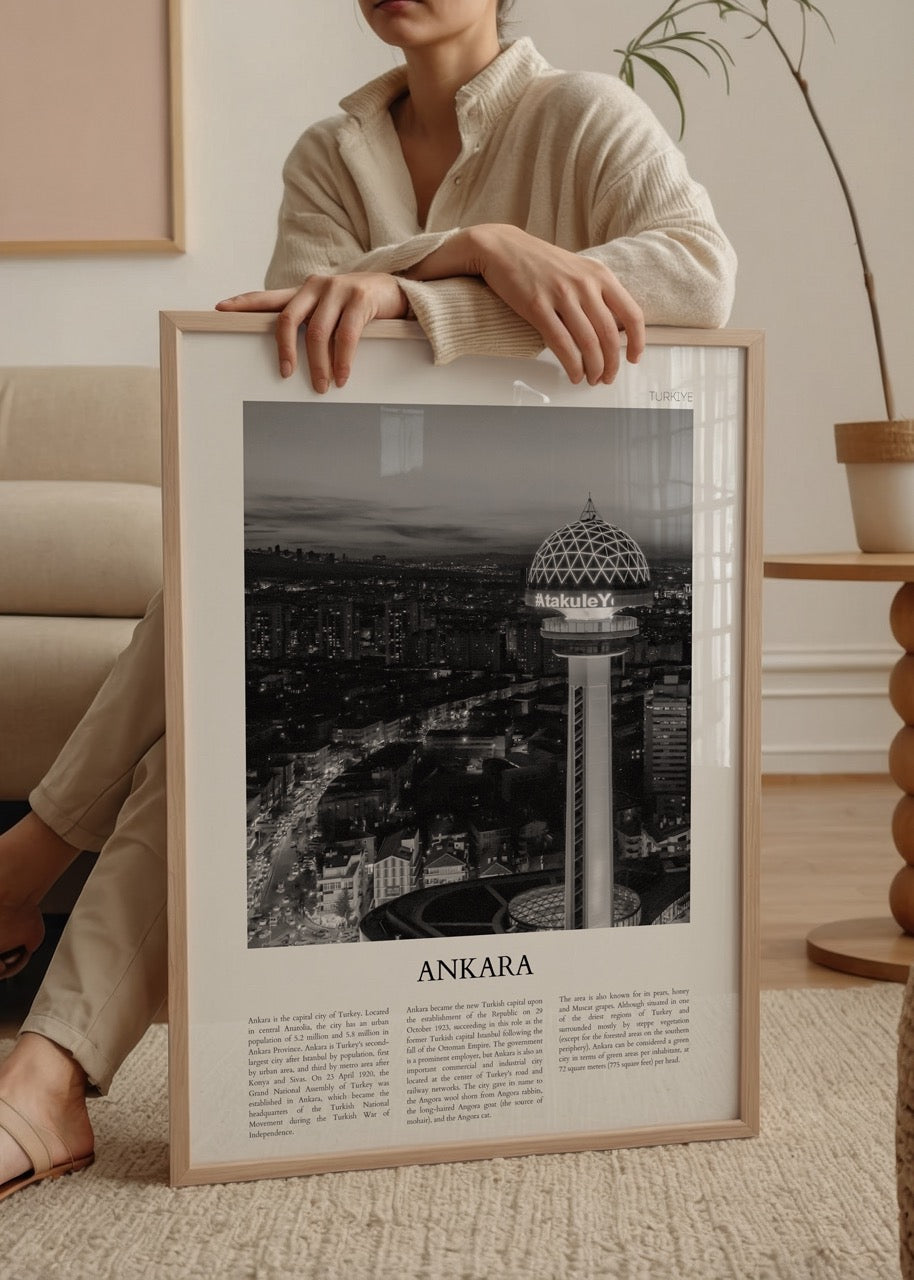 A premium poster showcasing the Ankara skyline with Atakule tower in elegant black and white.