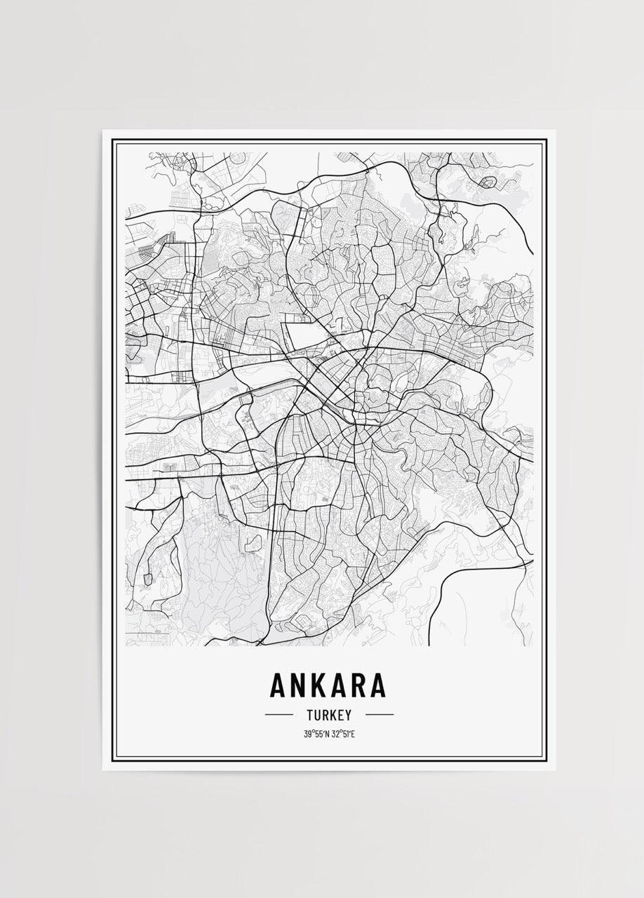 Minimalist black and white Ankara city map art print.