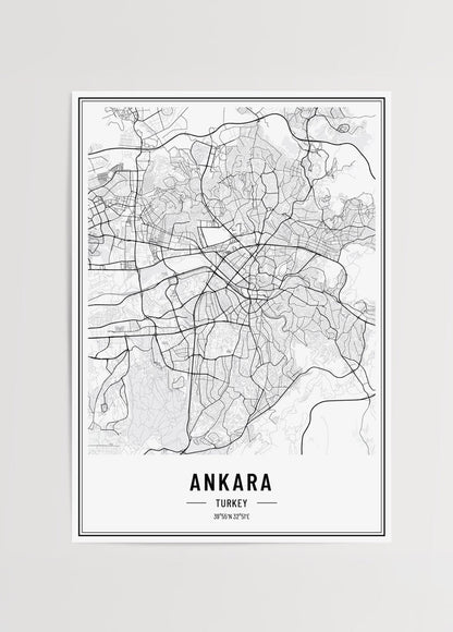 Minimalist black and white Ankara city map art print.
