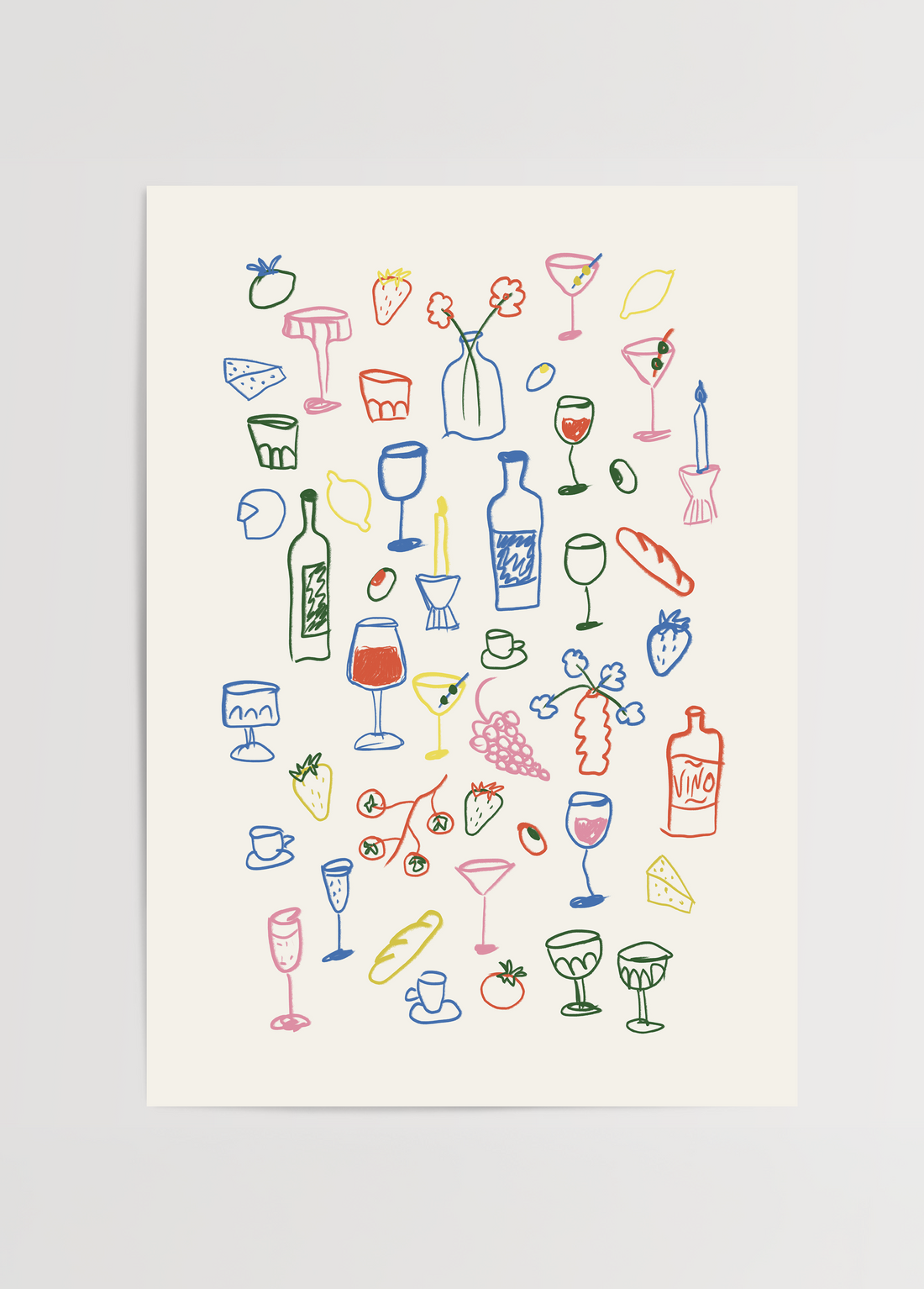 Colourful Italian aperitif-themed illustration poster featuring drinks and food items.