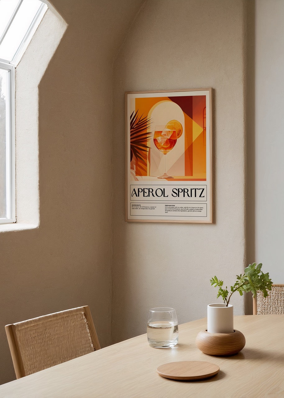 Vibrant illustration of an Aperol Spritz cocktail with orange slice and stylish background.