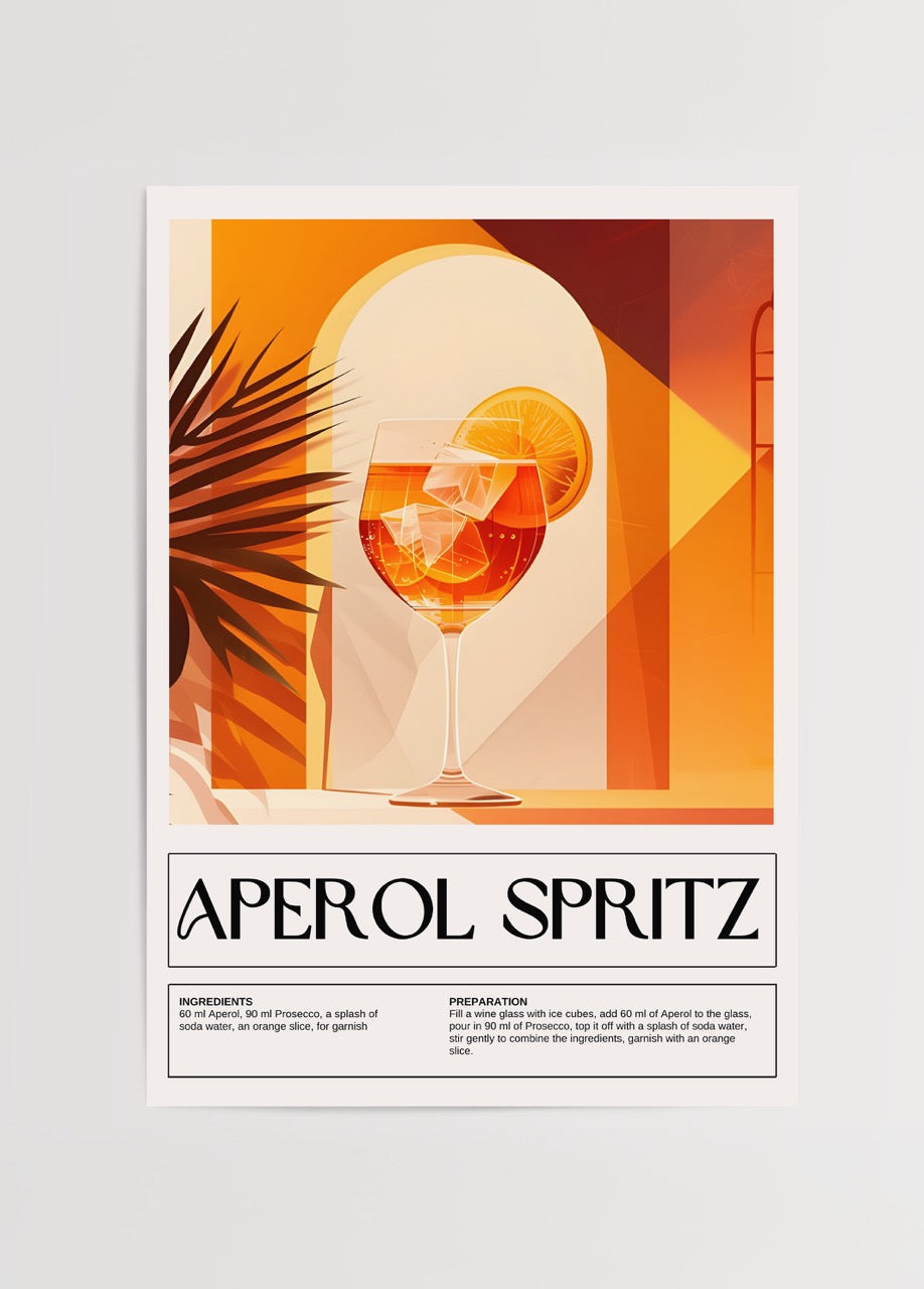 Vibrant illustration of an Aperol Spritz cocktail with orange slice and stylish background.