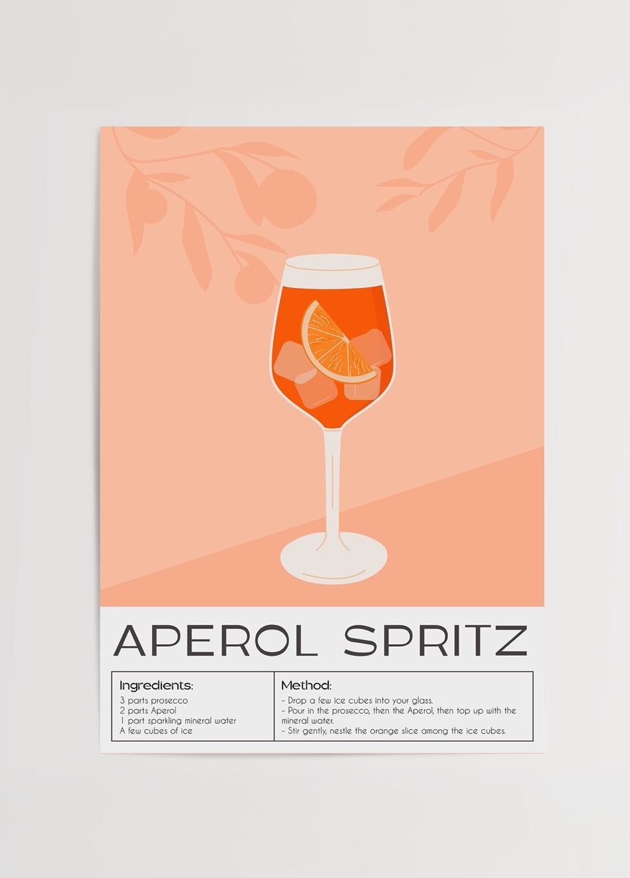 Stylish Aperol Spritz poster showcasing a cocktail in a glass with vibrant orange hues.