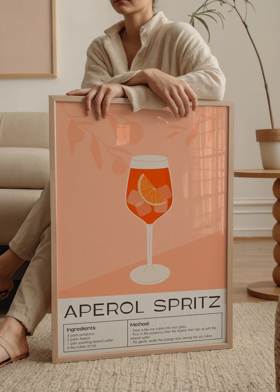 Stylish Aperol Spritz poster showcasing a cocktail in a glass with vibrant orange hues.