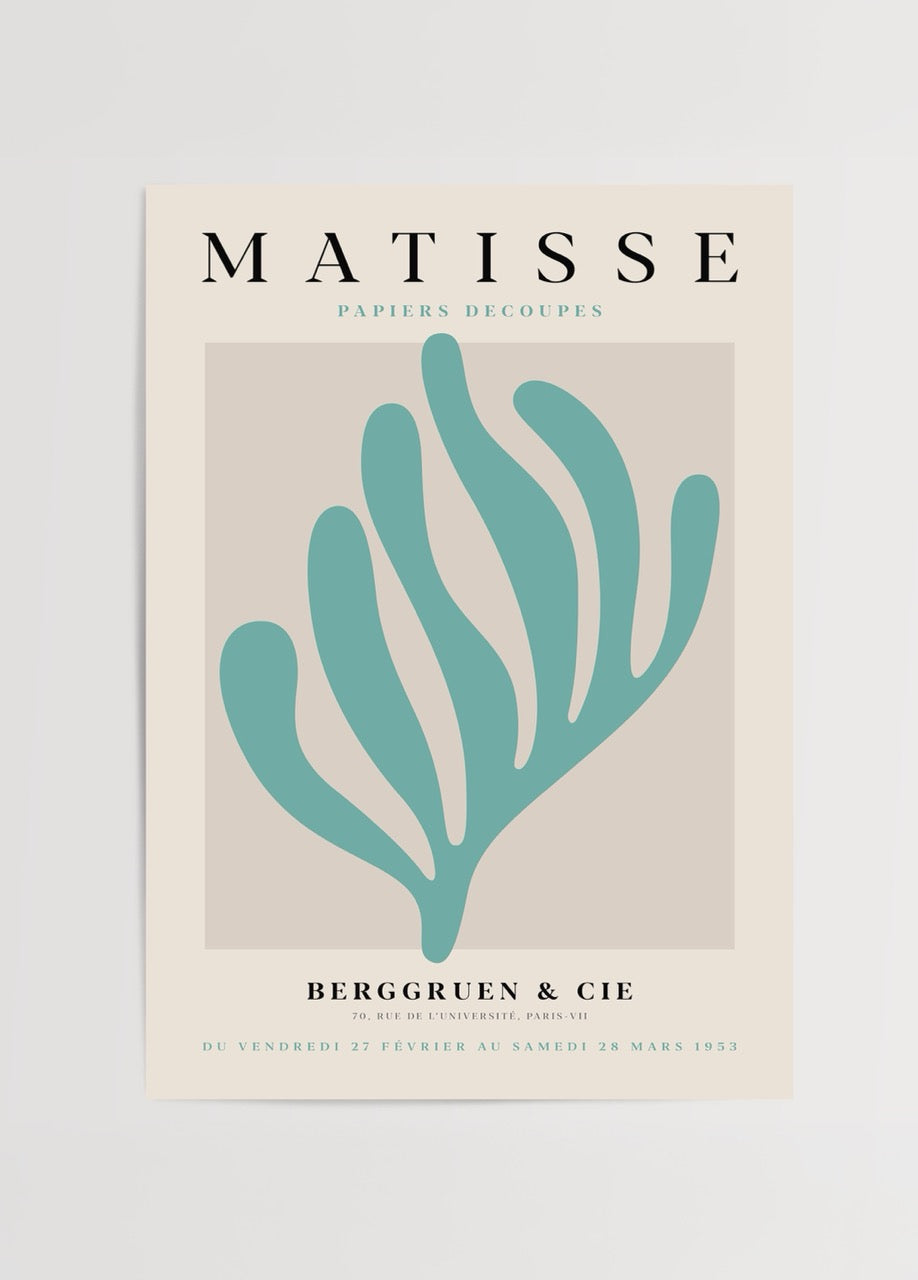 Serene Aquatic Leaf Art Print featuring a graceful leaf design in teal and beige.